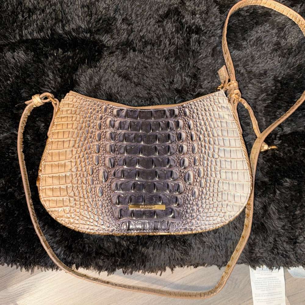 Brahmin Ombre Croc-Embossed Shoulder Bag in Tan and Dark Brown